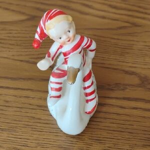 Holiday Elf on Swan Ceramic Figurine - Red and White
